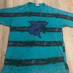 VTG Maui & Sons T Shirt Men XL All Over Print AOP Shark Logo Single